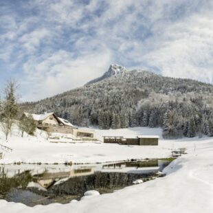 Ebner`s Waldhof am Fuschlsee | Die Waldhof Alm in Schnee eingebettet