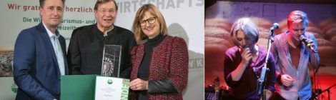 Der Wiener Tourismuspreis 2019: Spartenobmann Tourismus Markus Grießler, der Preisträger des Wienerliedes vertreten durch Herbert Zotti und Bundesministerin für Nachhaltigkeit und Tourismus DIin Maria Patek